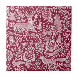 Burgundy Woodland Animal Forest Deer Rabbit Fox Tegeltje