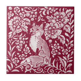 Burgundy Woodland Fox Forest Animal Floral Tegeltje