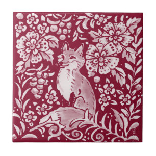 Burgundy Woodland Fox Forest Animal Floral Tegeltje