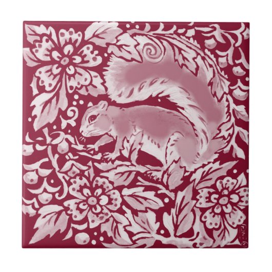 Burgundy Woodland Squirrel Forest Animal Floral Tegeltje (Voorkant)