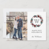 Burgundy Wreath Initiaal kerstfoto Feestdagen Kaart (Voorkant)