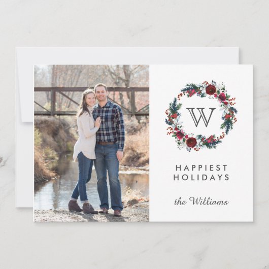 Burgundy Wreath Initiaal kerstfoto Feestdagen Kaart (Voorkant)