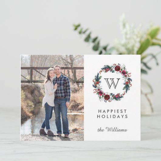 Burgundy Wreath Initiaal kerstfoto Feestdagen Kaart (Staand voorkant)