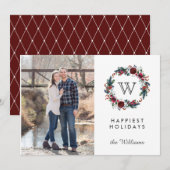 Burgundy Wreath Initiaal kerstfoto Feestdagen Kaart (Voorkant / Achterkant)