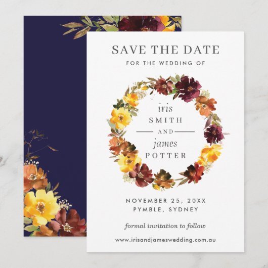 Burgundy Yellow Floral Wedding Save the Date Kaart (Voorkant / Achterkant)