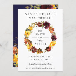 Burgundy Yellow Floral Wedding Save the Date Kaart