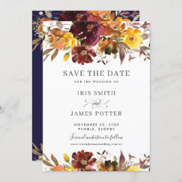 Burgundy Yellow Floral Wedding Save the Date Kaart