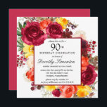 Burgundy Yellow Oranje Floral 90th Birthday Invita Kaart<br><div class="desc">Eer een speciaal persoon met deze elegante uitnodiging van het 90e Birthday feest. Herfst bloemen creëer een mooie waterverf adem.</div>