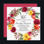 Burgundy Yellow Oranje Floral 90th Birthday Kaart<br><div class="desc">Eer een speciaal persoon met deze elegante uitnodiging van het 90e Birthday feest. Herfst bloemen creëer een mooie waterverf adem.</div>