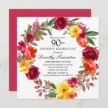 Burgundy Yellow Oranje Floral 90th Birthday Kaart<br><div class="desc">Eer een speciaal persoon met deze elegante uitnodiging van het 90e Birthday feest. Herfst bloemen creëer een mooie waterverf adem.</div>