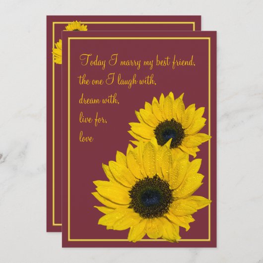 Burgundy Yellow Sunflower Weduwuitnodiging Kaart (Voorkant / Achterkant)