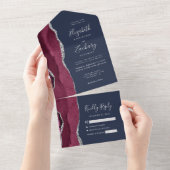 Burgundy Zilver Agaat Navy Blauwe Trouw All In One Uitnodiging (Afscheurbaar)