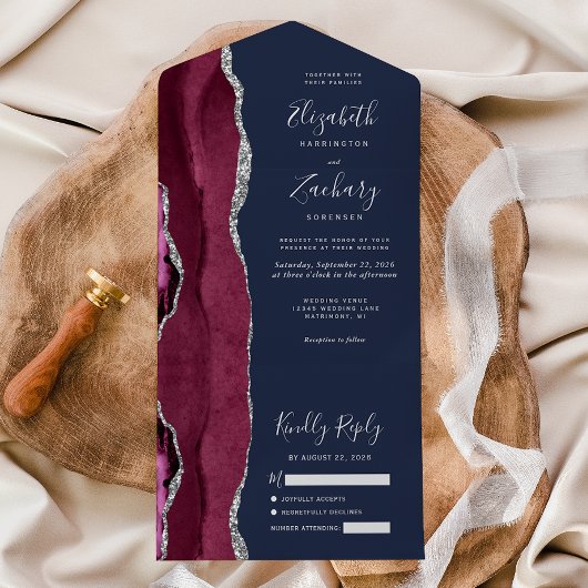 Burgundy Zilver Agaat Navy Blauwe Trouw All In One Uitnodiging