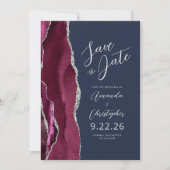 Burgundy Zilver Agaat Script Navy Save the Date Aankondiging (Voorkant)