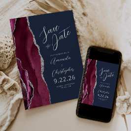 Burgundy Zilver Agaat Script Navy Save the Date Aankondiging