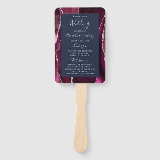 Burgundy Zilver Agate Navy Blauwe Trouwprogramma Handwaaier (Voorkant)
