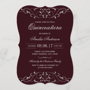 Burgundy Zilver Elegante Quinceanera Uitnodiging