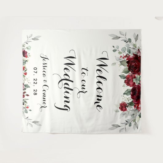 Burgundy Zilver Eucalyptus Welkom Op Onze Bruiloft Wandkleed (Voorkant (horizontaal))