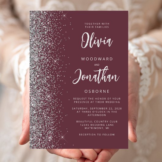 Burgundy Zilver Glitter Calligraphy Bruiloft Kaart