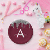 Burgundy Zilver Glitter Monogram Verjaardag Papieren Bordje (Feest)