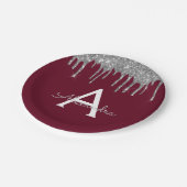 Burgundy Zilver Glitter Monogram Verjaardag Papieren Bordje (Gekanteld)