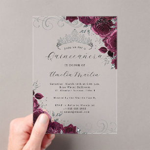 Burgundy Zilver Helder Acryl Bloem Quinceanera Uitnodigingen