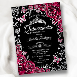 Burgundy Zilver Zwarte Rozen Quinceanera Folie Uitnodiging