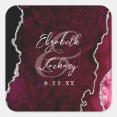 Burgundy Zilveren Agaat Schrift Bruiloft Vierkante Sticker (Voorkant)