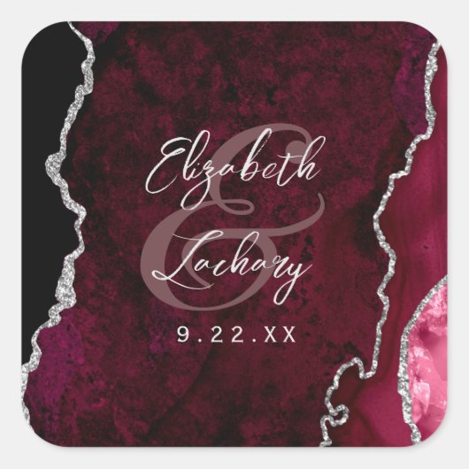 Burgundy Zilveren Agaat Schrift Bruiloft Vierkante Sticker (Voorkant)