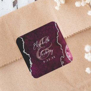 Burgundy Zilveren Agaat Schrift Bruiloft Vierkante Sticker