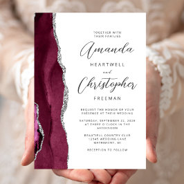Burgundy Zilveren Agaat Script Bruiloft Kaart