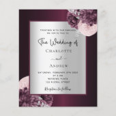 Burgundy zilveren floral budget huwelijksuitnodigi flyer (Voorkant)