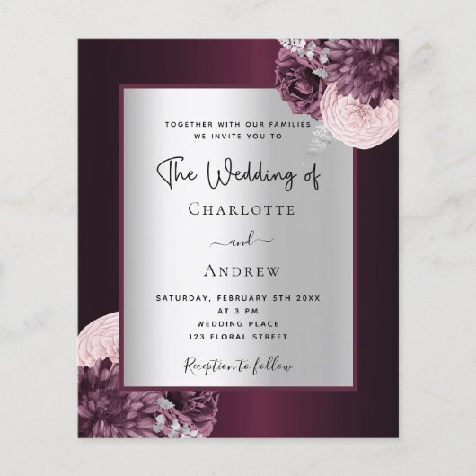 Burgundy zilveren floral budget huwelijksuitnodigi flyer (Voorkant)