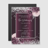 Burgundy zilveren florale elegante luxueuze bruilo magnetische uitnodiging (Voorkant / Achterkant)