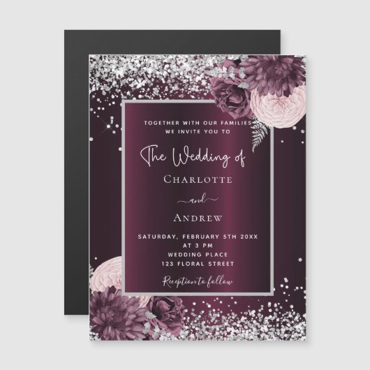 Burgundy zilveren florale elegante luxueuze bruilo magnetische uitnodiging (Voorkant / Achterkant)