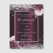 Burgundy zilveren florale elegante luxueuze bruilo magnetische uitnodiging (Voorkant)