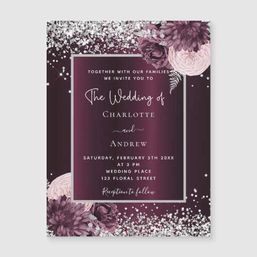 Burgundy zilveren florale elegante luxueuze bruilo magnetische uitnodiging (Voorkant)