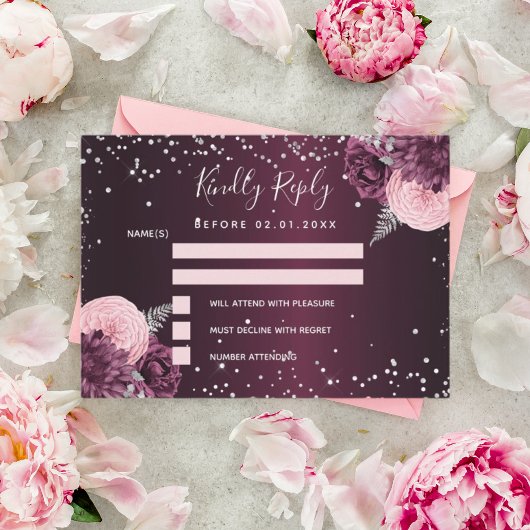 Burgundy zilveren florale glitter bruiloft RSVP Notitiekaartje