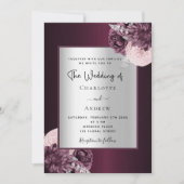 Burgundy zilveren florale, stijlvolle bruiloft kaart (Voorkant)
