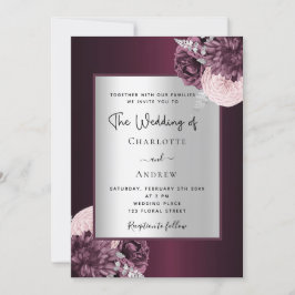 Burgundy zilveren florale, stijlvolle bruiloft kaart