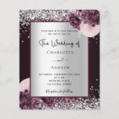 Burgundy zilveren florals begroet huwelijksuitnodi (Voorkant)