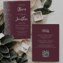 Burgundy Zilveren Glitter Script QR Code Trouwkaar Kaart