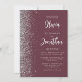 Burgundy Zilveren Glitter Script QR Code Trouwkaar Kaart (Voorkant)