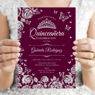 Burgundy Zilveren Rozen Vlinders Quinceanera Kaart