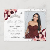 Burgundy & Zilveren Tiara Quinceañera Fotokaart Briefkaart (Voorkant)