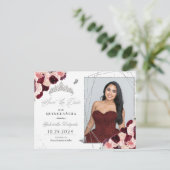 Burgundy & Zilveren Tiara Quinceañera Fotokaart Briefkaart (Staand voorkant)