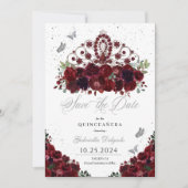 Burgundy & Zilveren Tiara Save The Date Quinceañer Kaart (Voorkant)