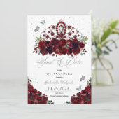 Burgundy & Zilveren Tiara Save The Date Quinceañer Kaart (Staand voorkant)