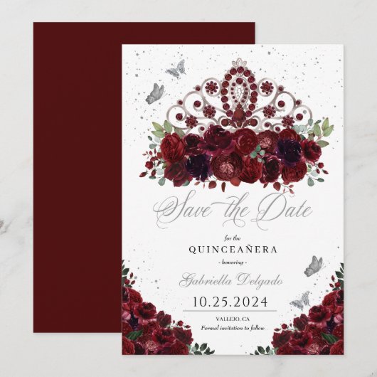 Burgundy & Zilveren Tiara Save The Date Quinceañer Kaart (Voorkant / Achterkant)