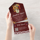 Burgundy Zonnebloemen Metselwerk Pot Rode QR Code  All In One Uitnodiging (Afscheurbaar)